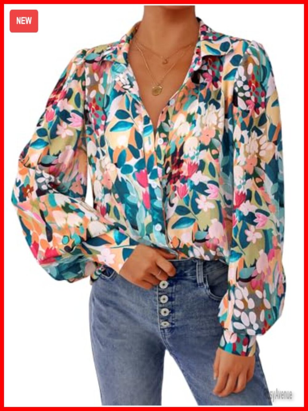Chiffon Floral V-Neck Long Sleeve Blouse Button Down Boho Peasant Shirt